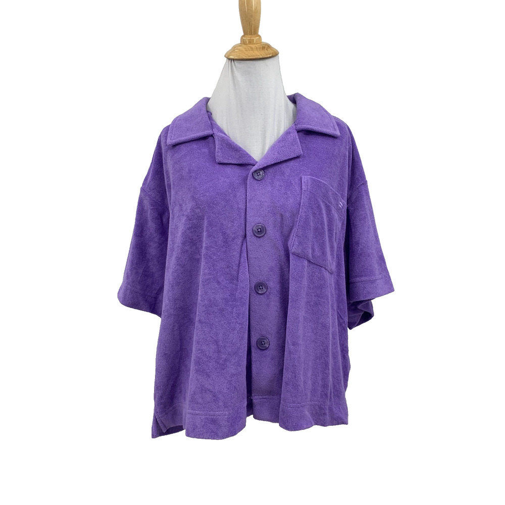 Fabletics Shirt Womens L Large Wisteria Island Terry Boxy Button Up Short Sleeve